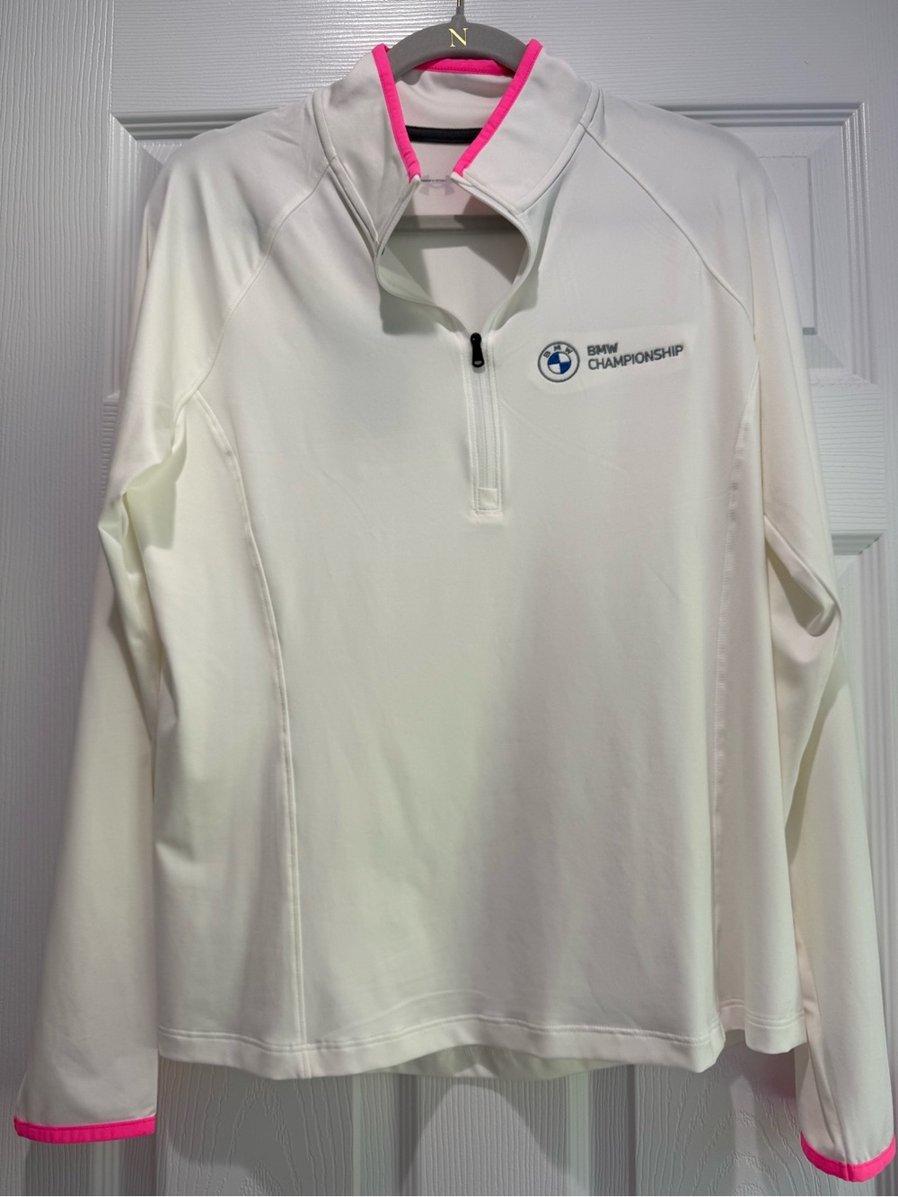 BMW White Quarter-Zip Pullover with Pink Accents